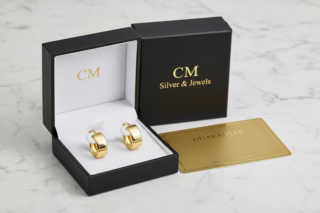 Orecchini cerchio oro 18k in cofanetto CM Silver Jewels con certificato – confezione regalo su marmo