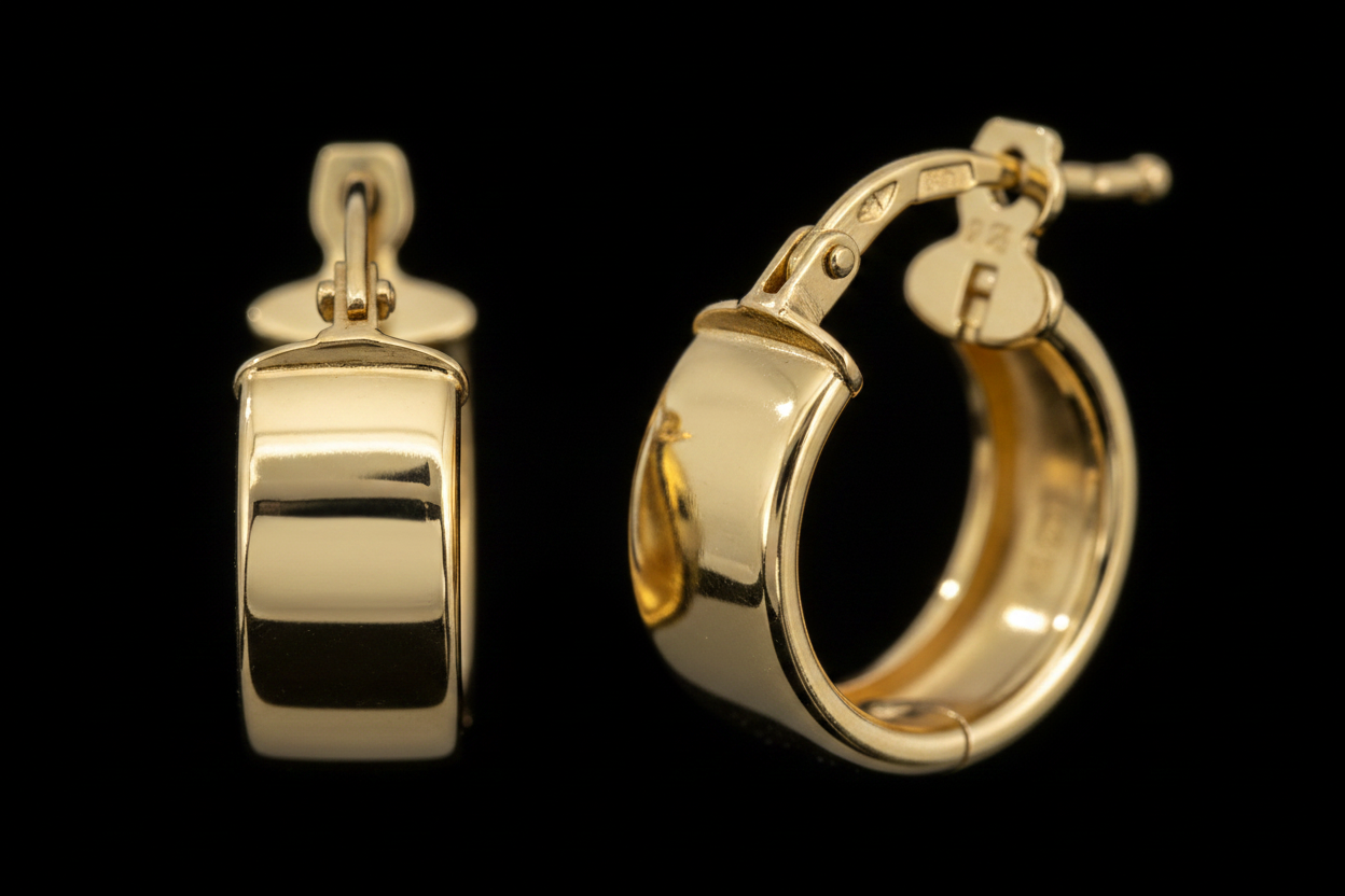 Dettaglio macro orecchini cerchio oro 18k profilo largo – chiusura a cerniera CM Silver Jewels