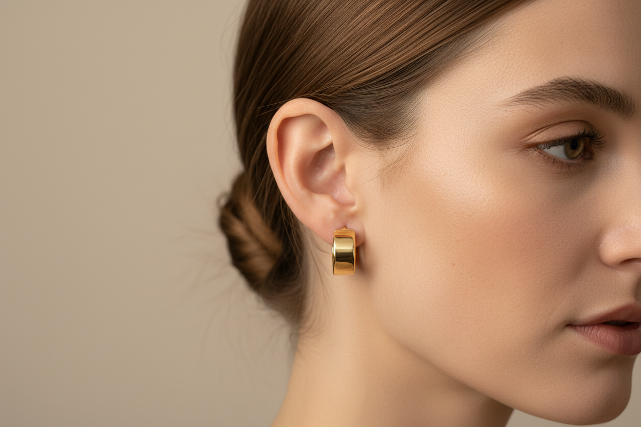 Orecchini a cerchio in oro 18k profilo largo indossati su lobo femminile – CM Silver Jewels