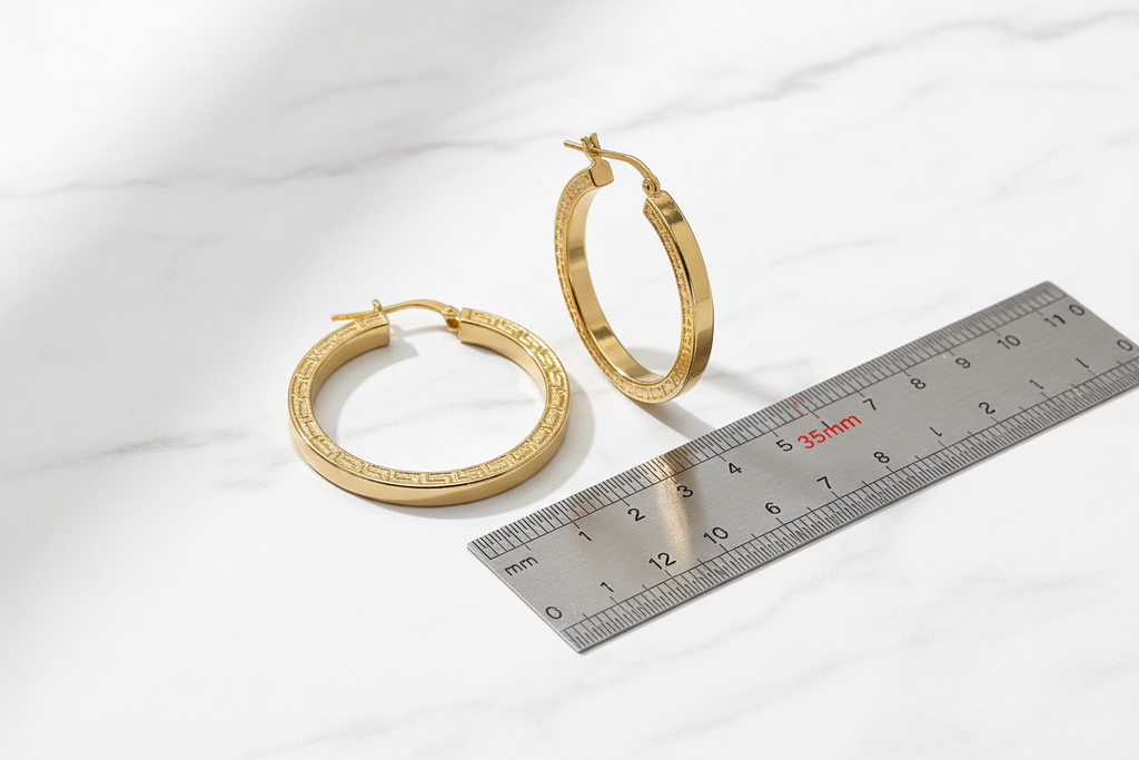 Orecchini in argento 925 placcati oro 24 kt su marmo bianco con riferimento scala larghezza 35 mm | CM Silver Jewels