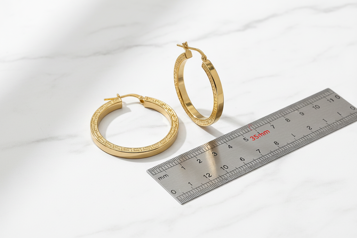Orecchini in argento 925 placcati oro 24 kt su marmo bianco con riferimento scala larghezza 35 mm | CM Silver Jewels