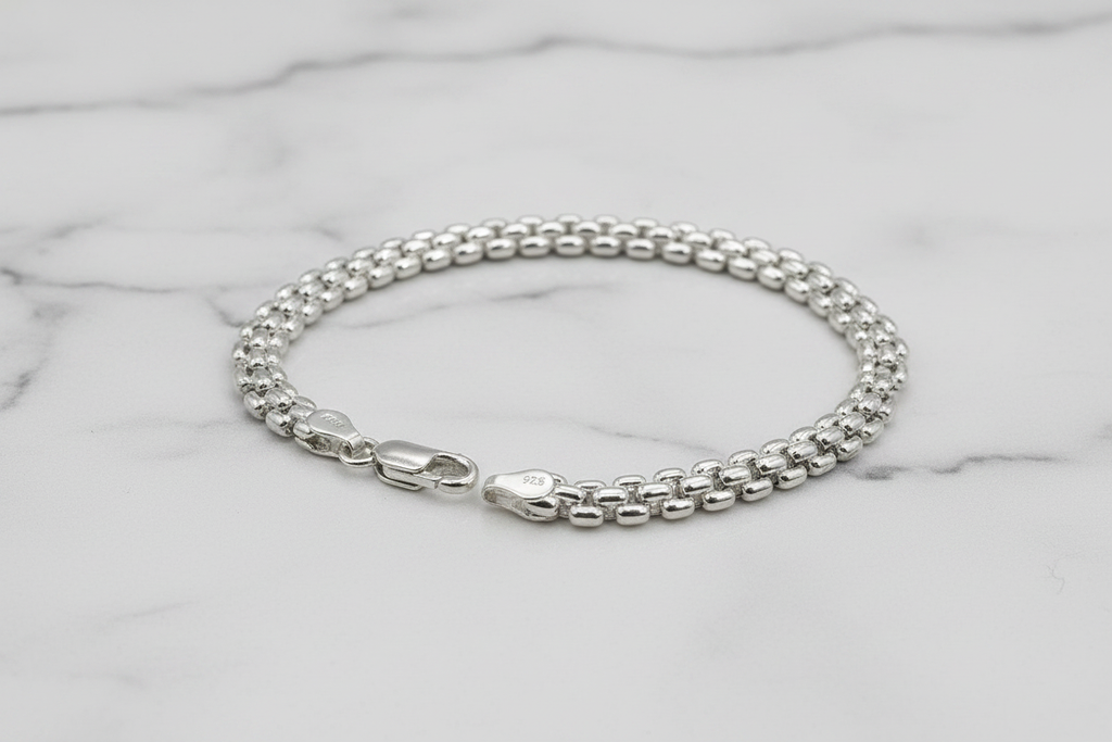 Bracciale argento 925 maglia bismark – dettaglio chiusura moschettone e spessore 6mm – CM Silver Jewels