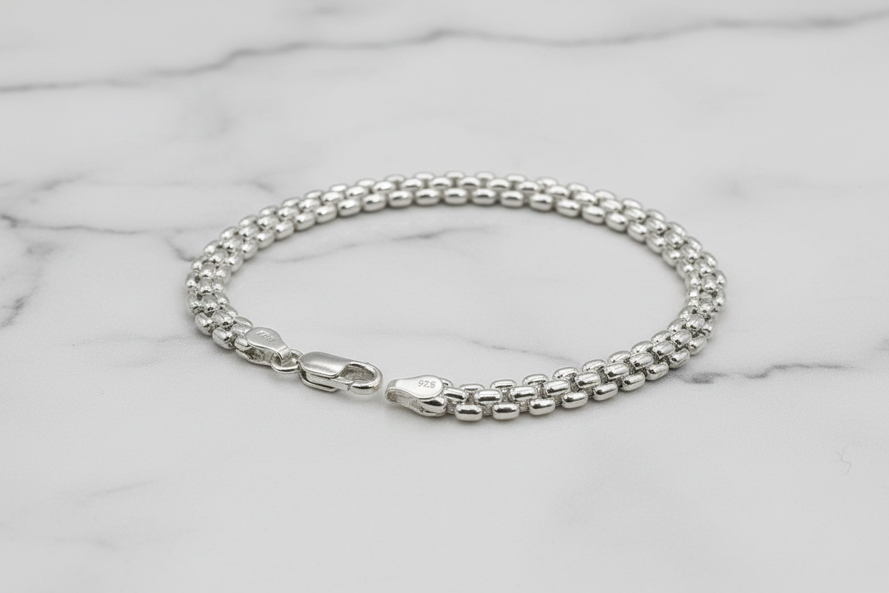 Bracciale argento 925 maglia bismark – dettaglio chiusura moschettone e spessore 6mm – CM Silver Jewels