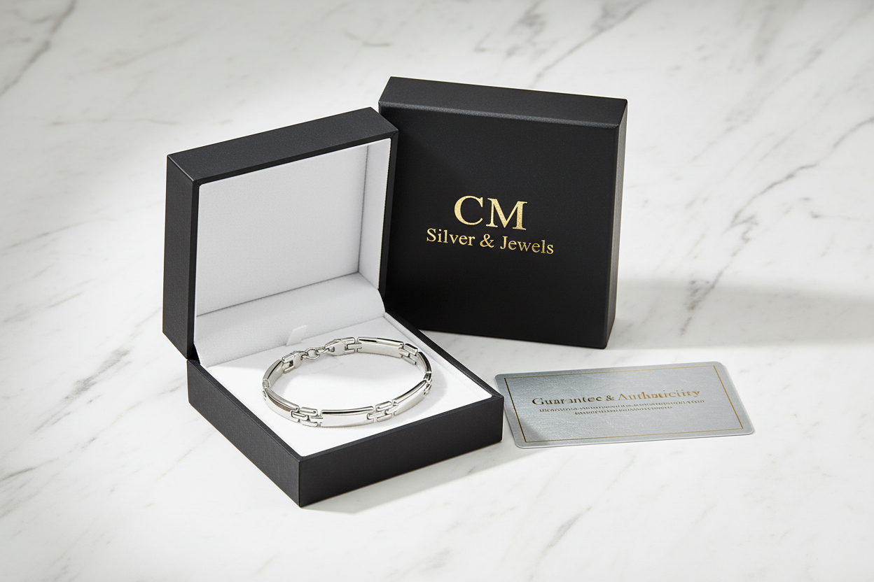 Bracciale ID argento 925 maglia doppia H in cofanetto CM Silver Jewels con certificato – confezione regalo su marmo