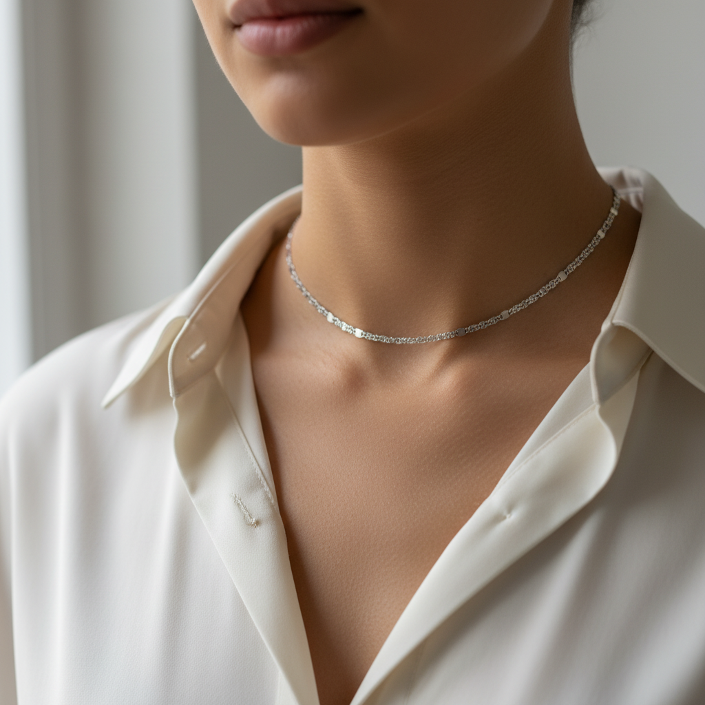 Lifestyle — girocollo oro bianco 18k unisex indossato, luce naturale, stile editoriale premium – CM Silver Jewels