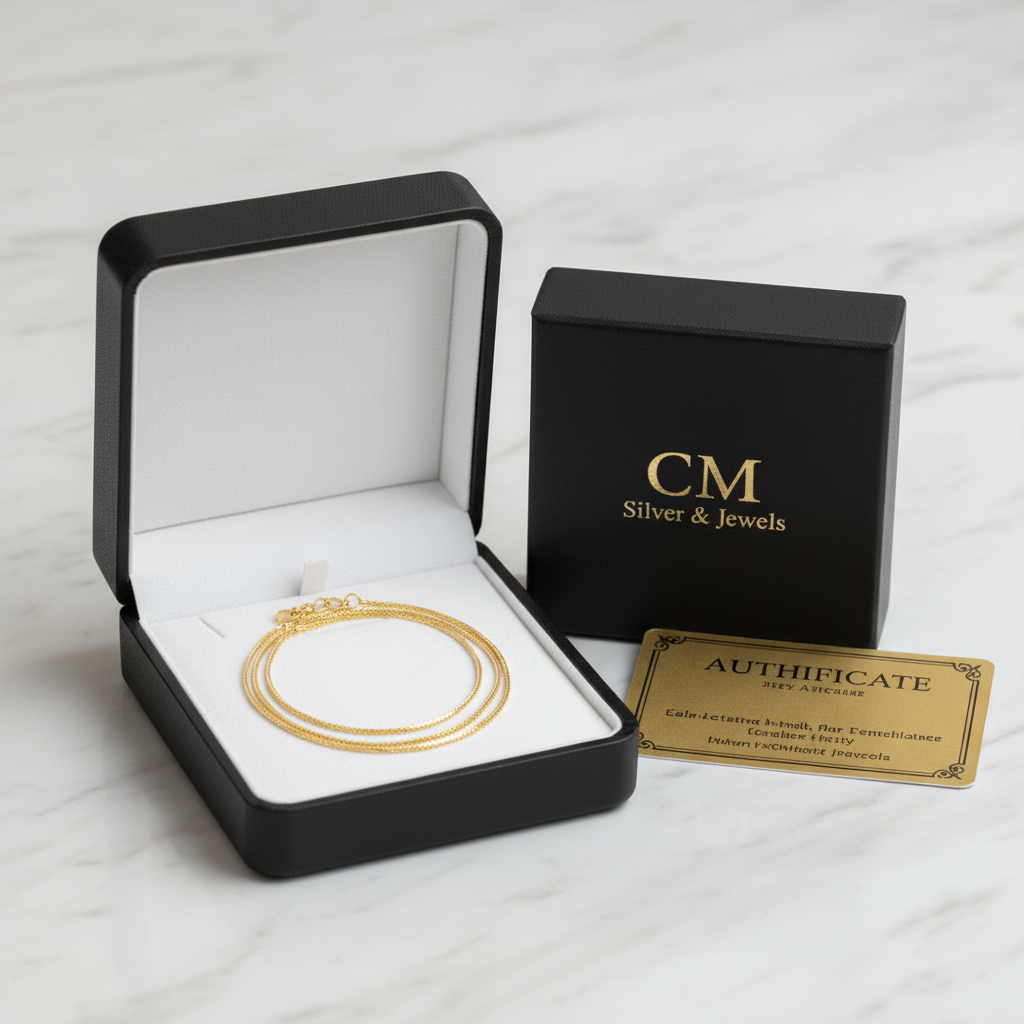 Collana a maglie popcorn oro giallo 18 carati nel cofanetto regalo nero CM Silver & Jewels con certificato su piano in marmo – CM Silver Jewels