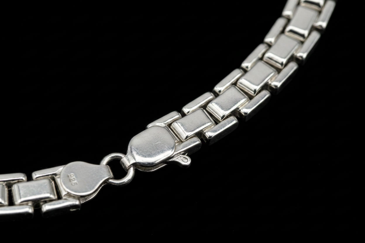 Dettaglio macro maglia scatolata bracciale argento 925 – lavorazione artigianale CM Silver Jewels