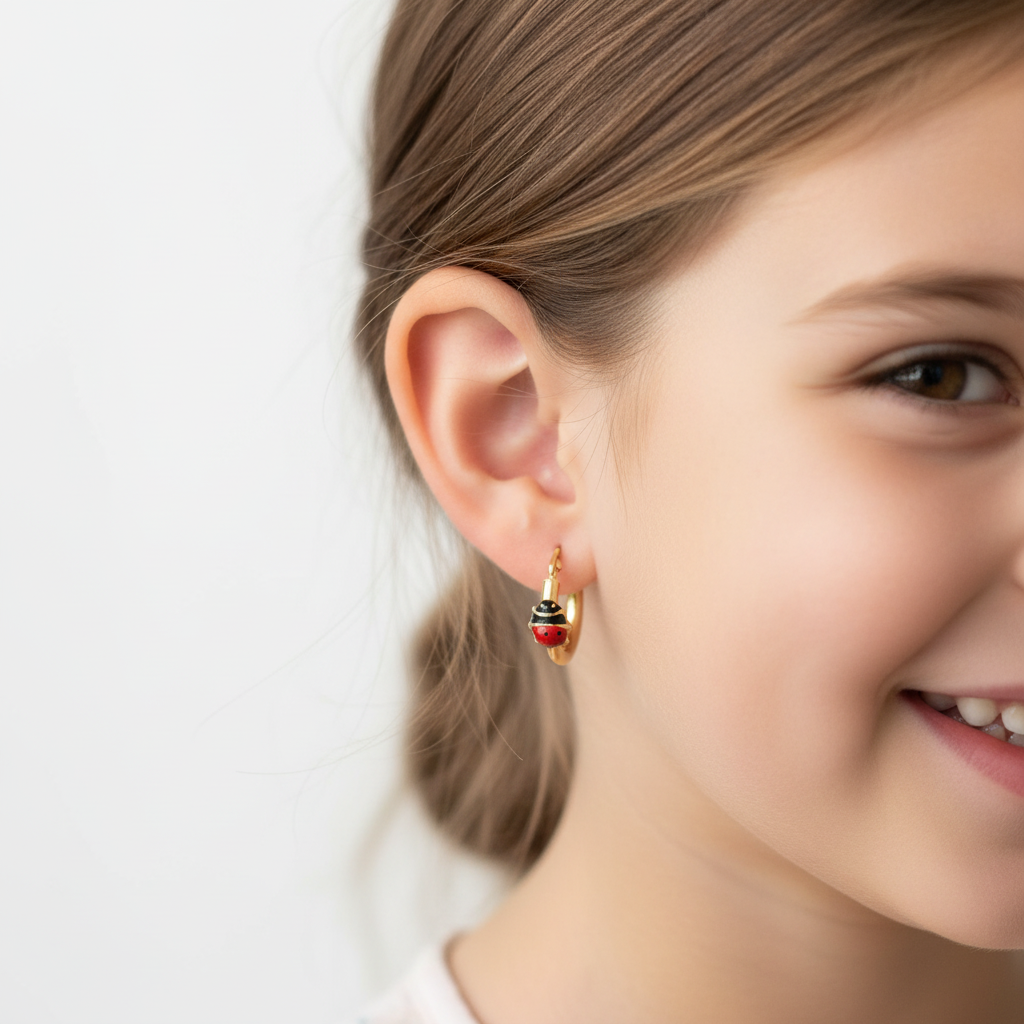 Orecchini cerchio oro 18k con coccinella smaltata indossati da bambina, stile delicato e allegro – CM Silver Jewels
