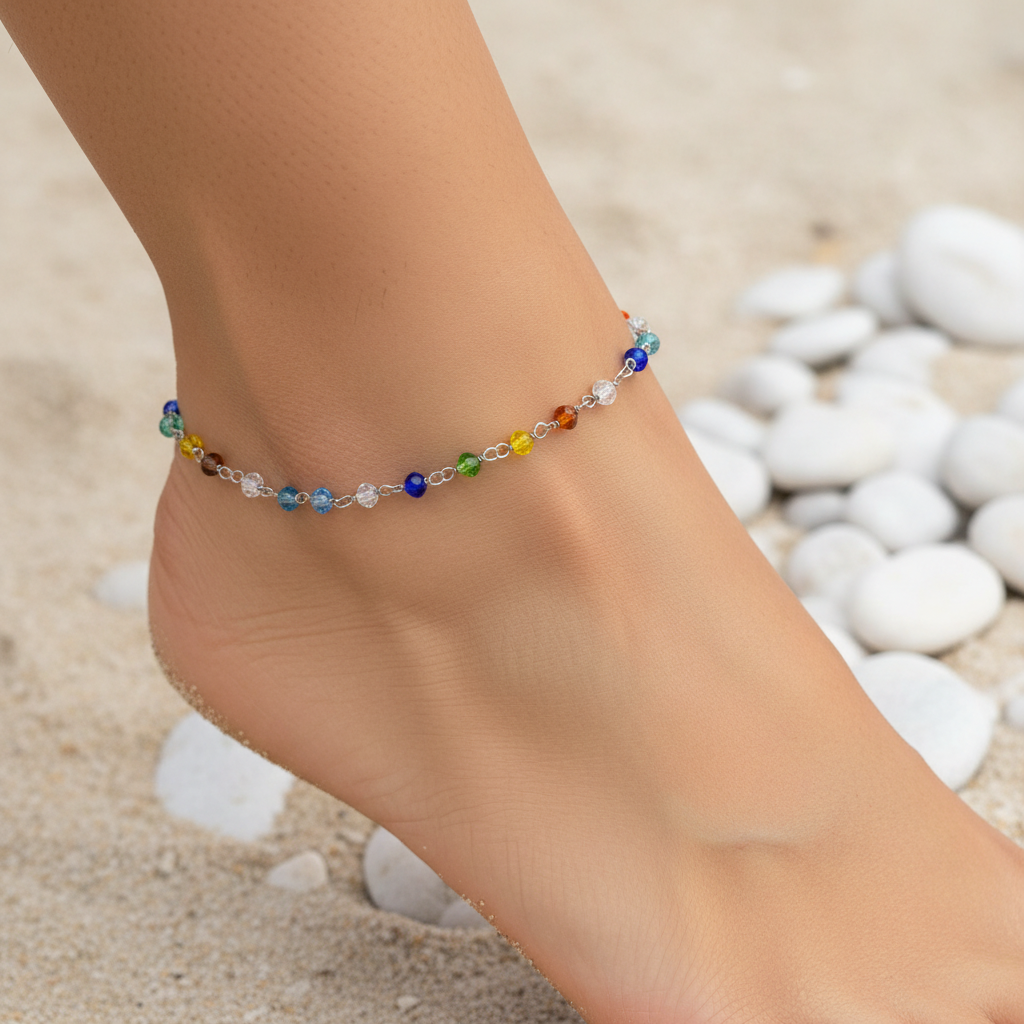 Cavigliera cristalli multicolor argento 925 indossata su caviglia – CM Silver Jewels
