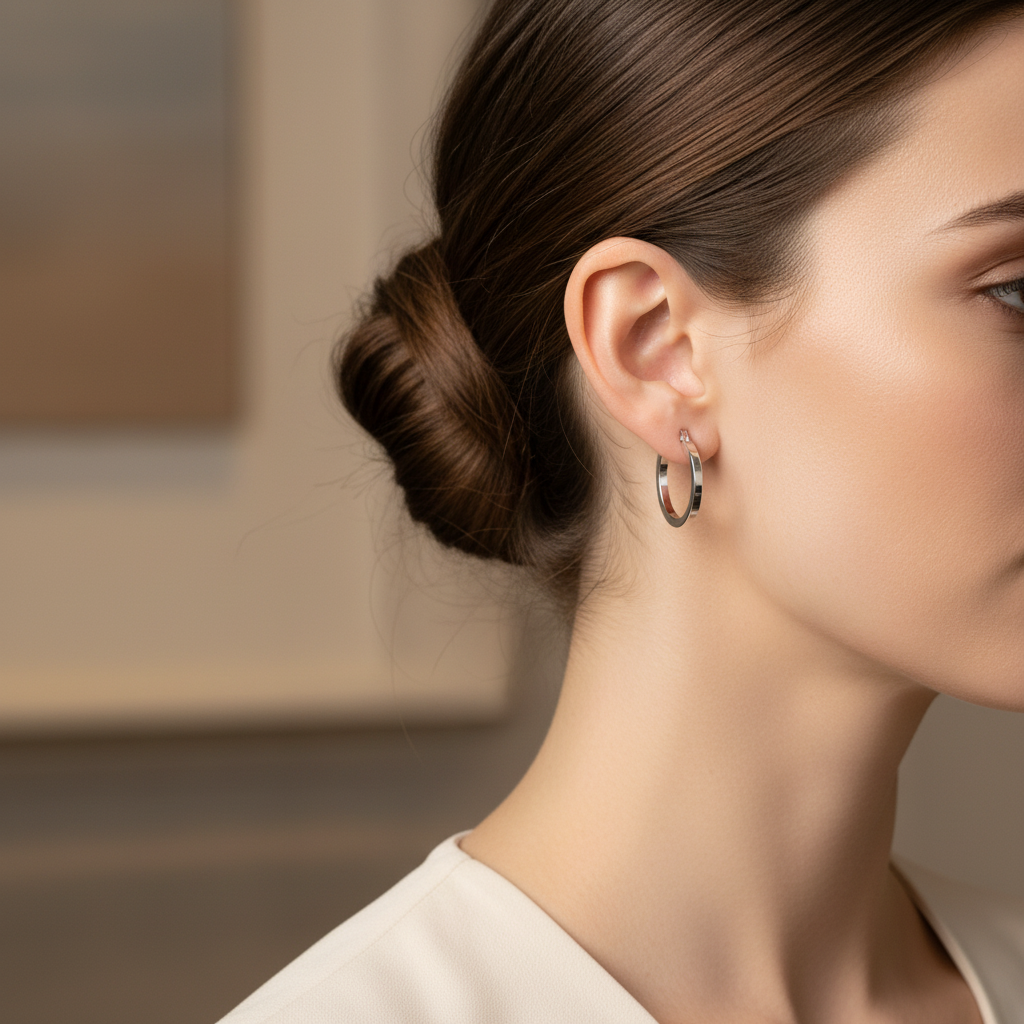 Orecchini cerchio in oro bianco 18k 20mm indossati, stile minimal elegante – CM Silver Jewels