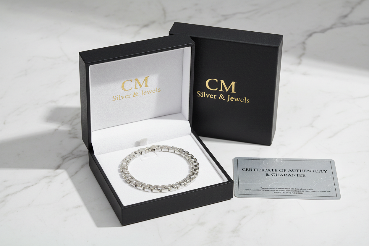 Bracciale argento 925 maglia scatolata in cofanetto CM Silver Jewels con certificato – confezione regalo su marmo