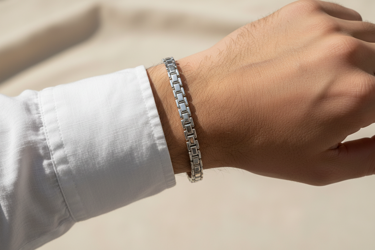 Bracciale in argento 925 maglia scatolata indossato su polso maschile – CM Silver Jewels