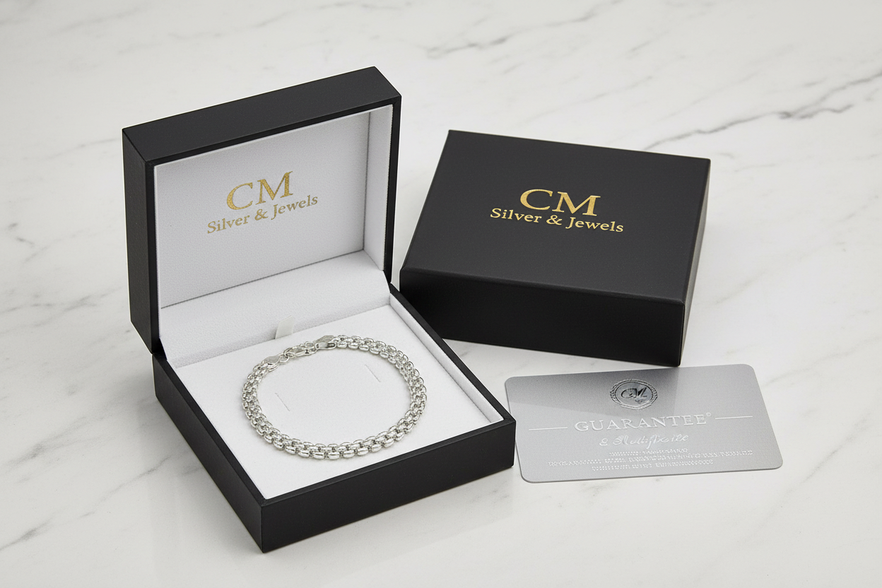 Bracciale argento 925 maglia bismark in cofanetto CM Silver Jewels con certificato – confezione regalo su marmo
