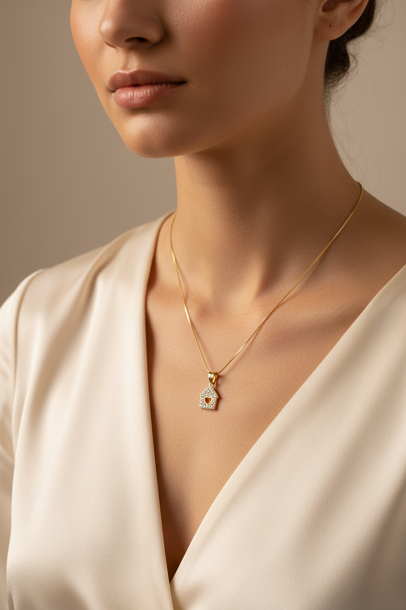 Lifestyle – Collana Casetta Cuore su modella 2026