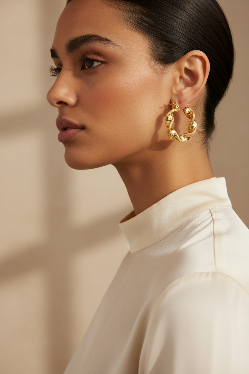 Lifestyle – Orecchini intrecciati oro 18k indossati