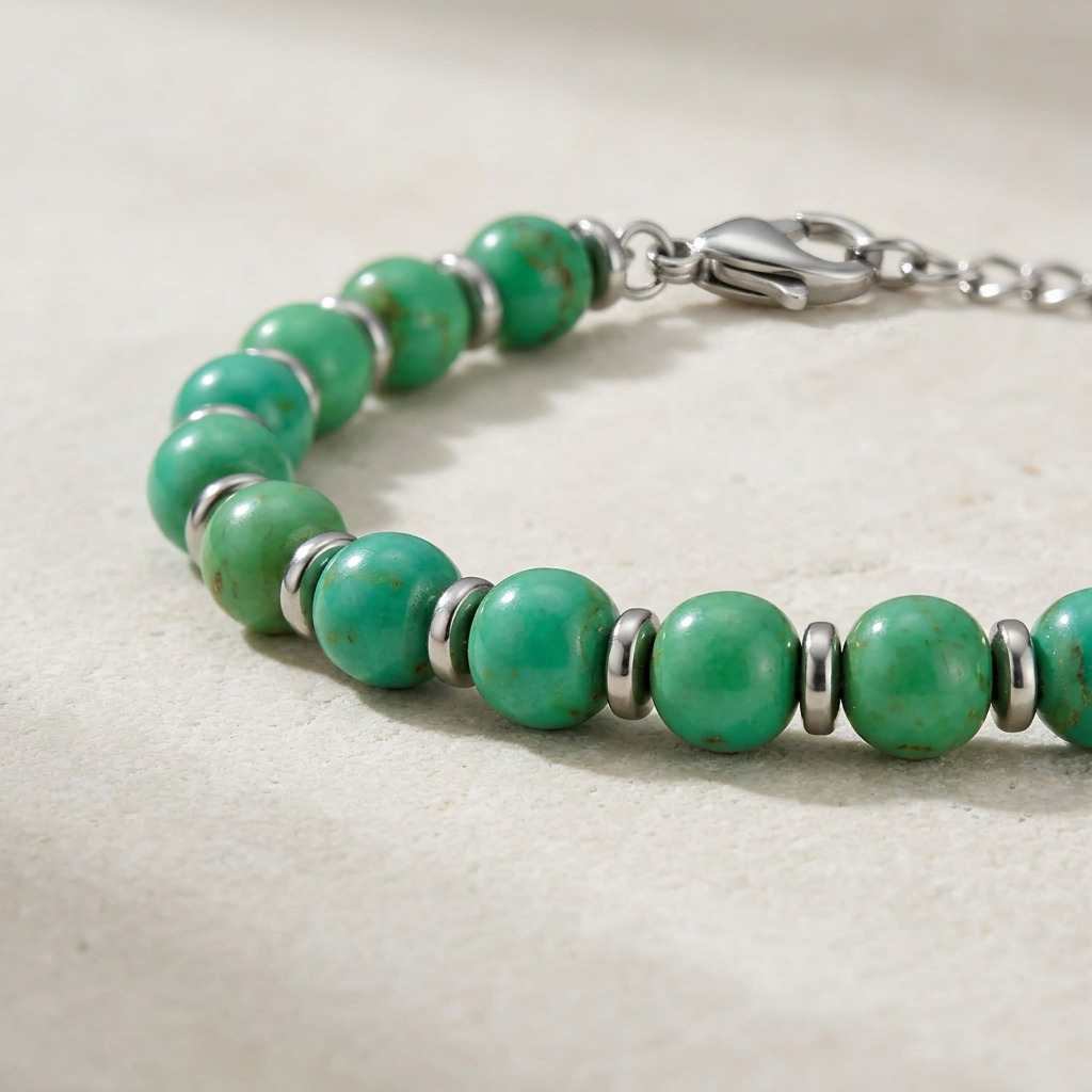 Macro del bracciale verde acqua con distanziatori in acciaio