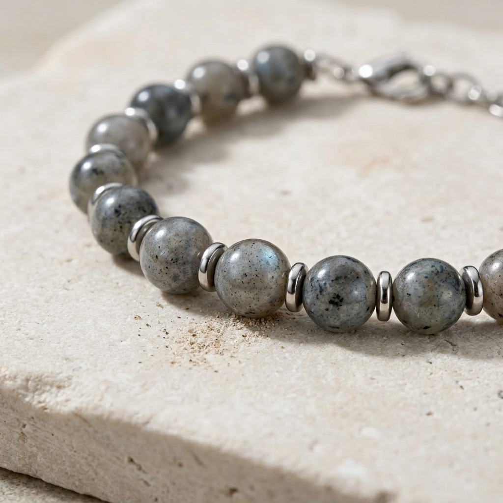 Macro delle sfere di labradorite e dei distanziatori in acciaio