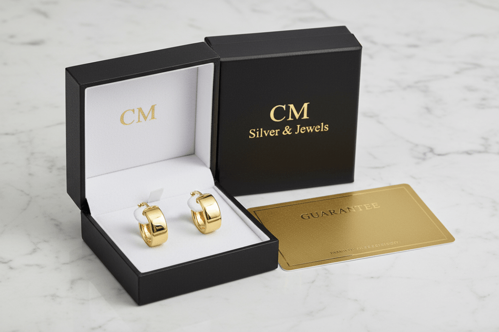 Orecchini cerchio oro 18k in cofanetto CM Silver Jewels con certificato – confezione regalo su marmo