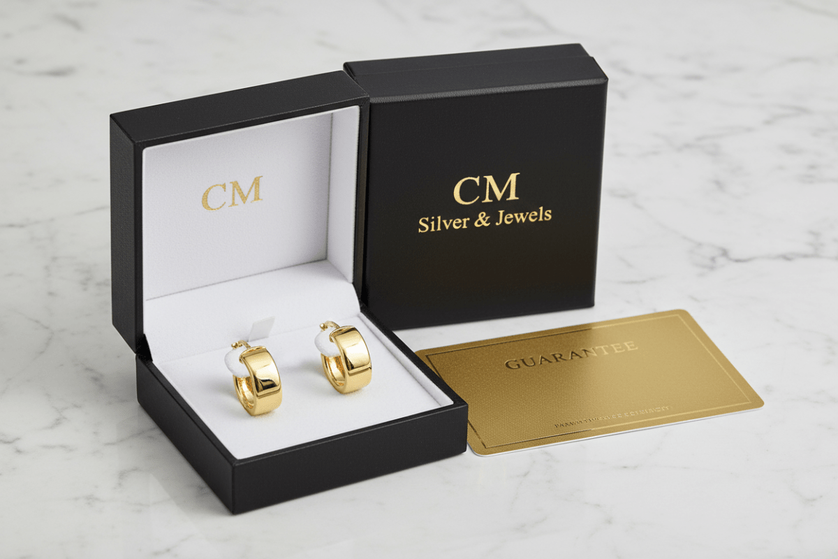 Orecchini cerchio oro 18k in cofanetto CM Silver Jewels con certificato – confezione regalo su marmo