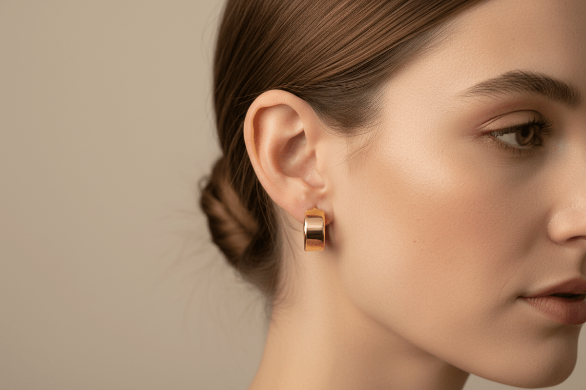 Orecchini a cerchio in oro 18k profilo largo indossati su lobo femminile – CM Silver Jewels