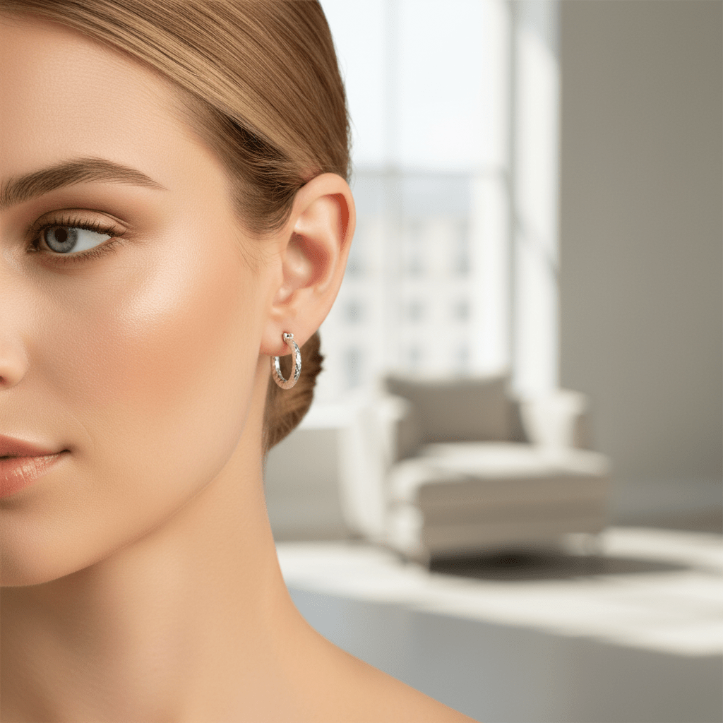 Orecchini cerchio diamantati oro bianco 18k 15mm indossati, stile elegante minimal – CM Silver Jewels