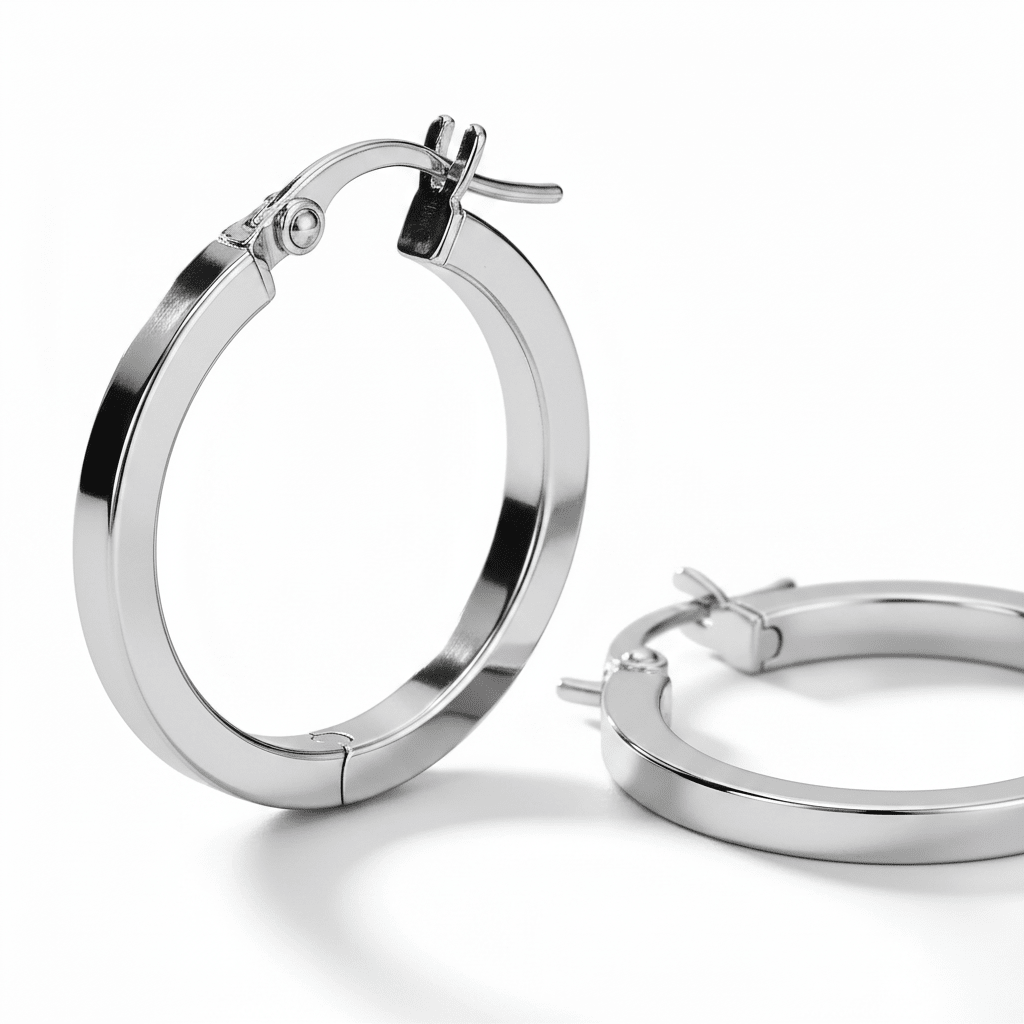 Dettaglio macro orecchino cerchio oro bianco 18k, finitura lucida e chiusura a scatto – CM Silver Jewels
