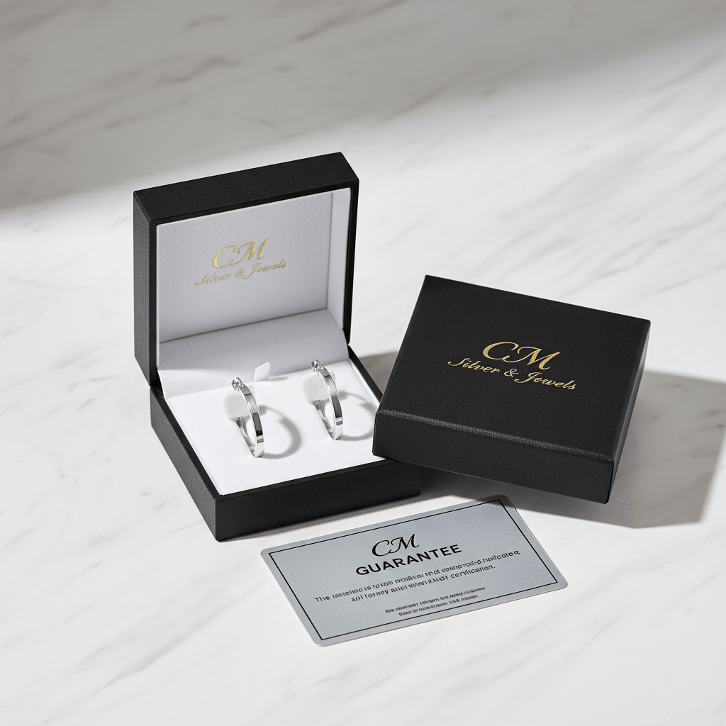 Orecchini cerchio oro bianco 18k nel cofanetto regalo CM Silver & Jewels con certificato, su piano in marmo – CM Silver Jewels