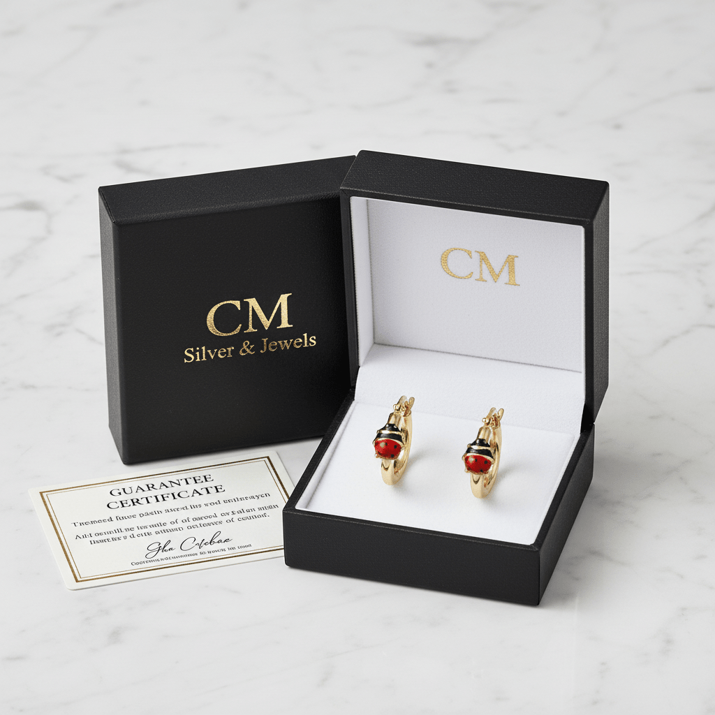 Orecchini cerchio oro 18k coccinella smaltata nel cofanetto regalo CM Silver & Jewels con certificato, su piano in marmo – CM Silver Jewels