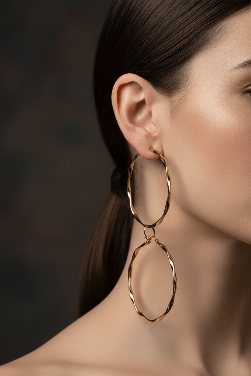 Orecchini creola twist piatta argento 925 placcato oro 24kt indossati su donna – lifestyle shot | CM Silver Jewels