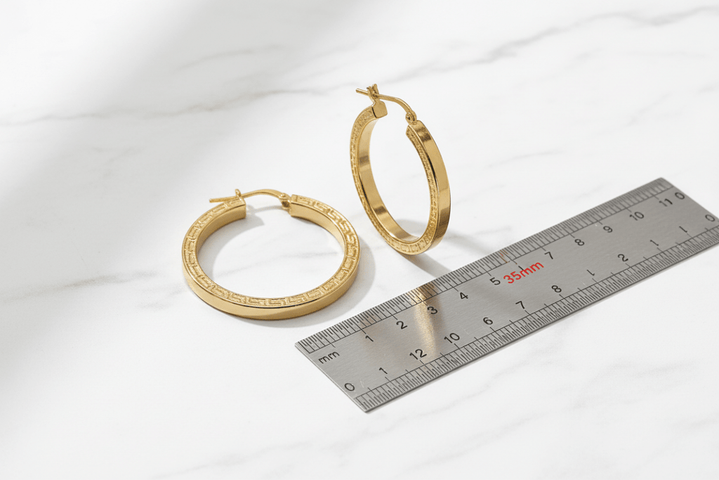 Orecchini in argento 925 placcati oro 24 kt su marmo bianco con riferimento scala larghezza 35 mm | CM Silver Jewels