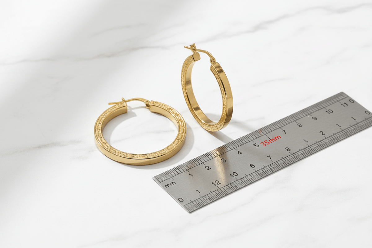 Orecchini in argento 925 placcati oro 24 kt su marmo bianco con riferimento scala larghezza 35 mm | CM Silver Jewels