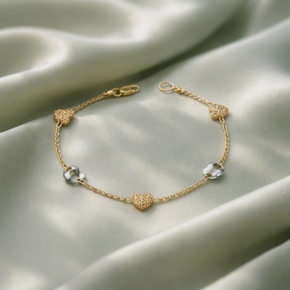18K Two-Tone Gold Bracelet with Hearts – 17.5 cm | CM Silver Jewels