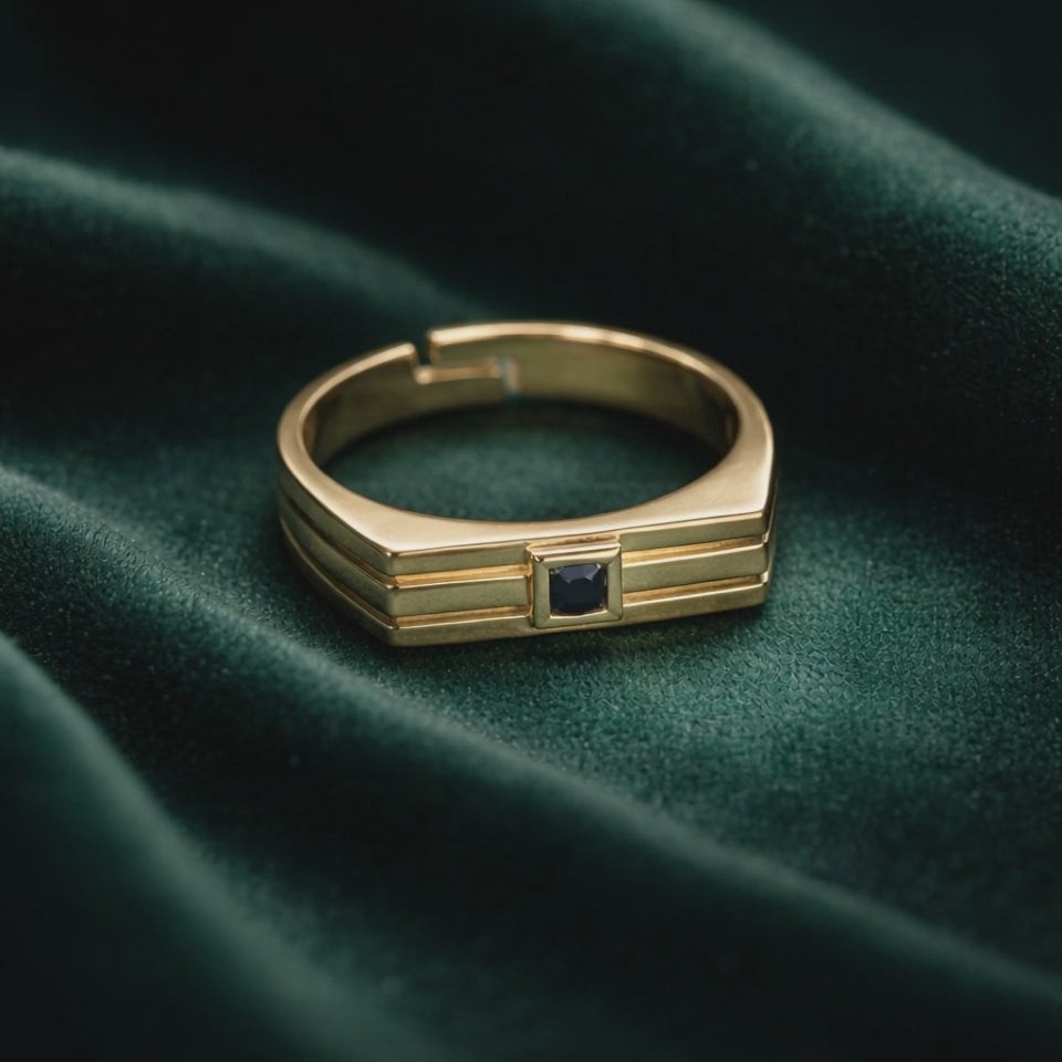 Bague en Argent 925 Plaqué Or 18 carats avec Zircon Noir – Taille Réglable | CM Silver Jewels