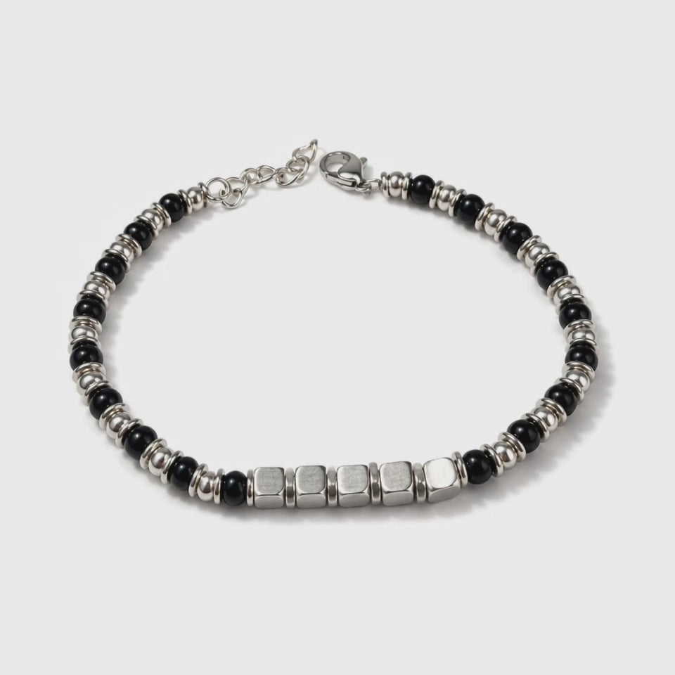 Bracciale Uomo Aqua in Acciaio con Sfere Nere e Cubi – 22 cm | CM Silver Jewels