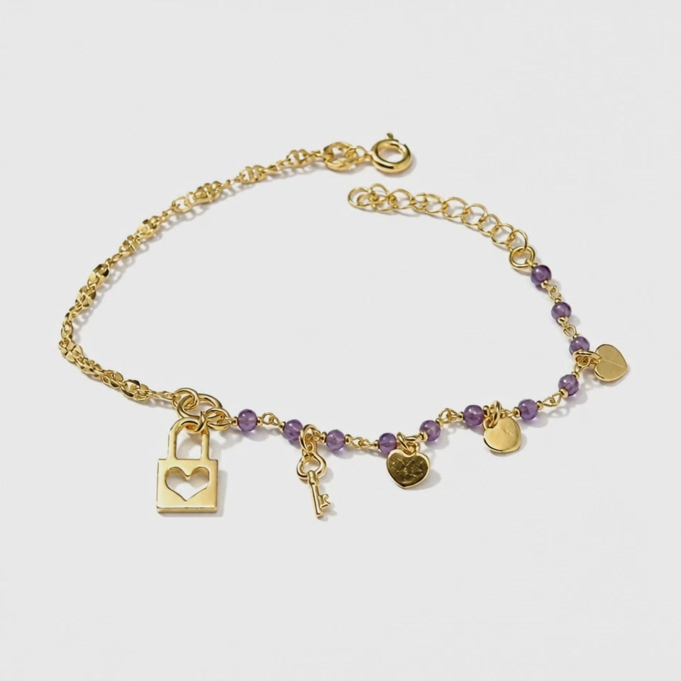 Bracciale Donna Argento 925 con Charms Cuore Chiave Lucchetto e Pietre Ametiste – Silver o Dorato | CM Silver Jewels