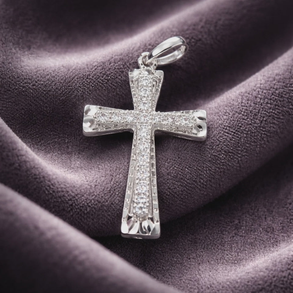 Croix en Or Blanc avec Détail Poli – 30x17mm | CM Silver Jewels