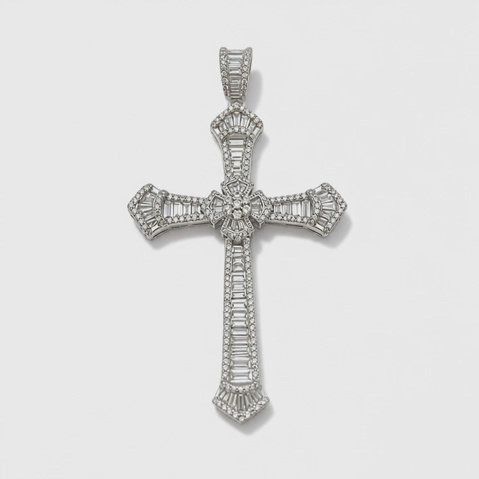 Croce Argento 925 con Zirconi Baguette e Rotondi – Ciondolo Voluminoso | CM Silver Jewels