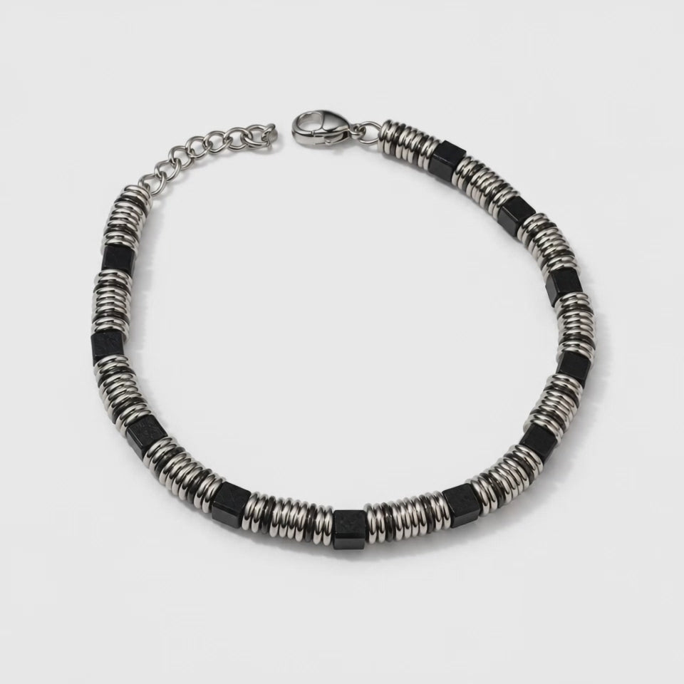 Bracciale Uomo Aqua in Acciaio con Anelletti e Cubetti Neri – 22 cm | CM Silver Jewels