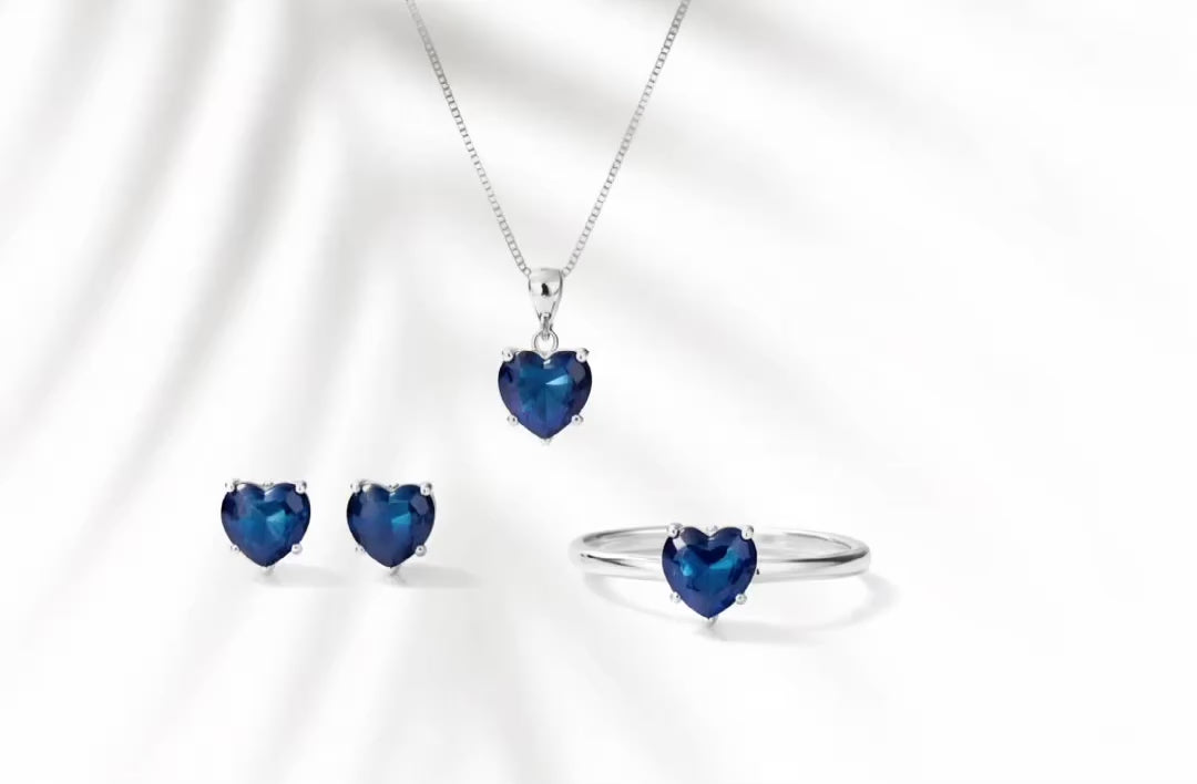Blue Sapphire Silver Heart Parure