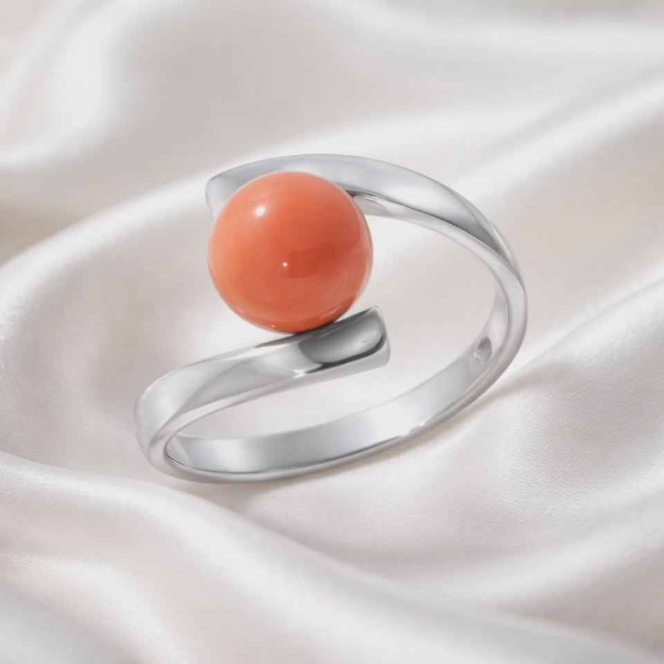 Bague Femme en Argent 925 avec Sphère en Céramique Corail – Taille 12/16 | CM Silver Jewels