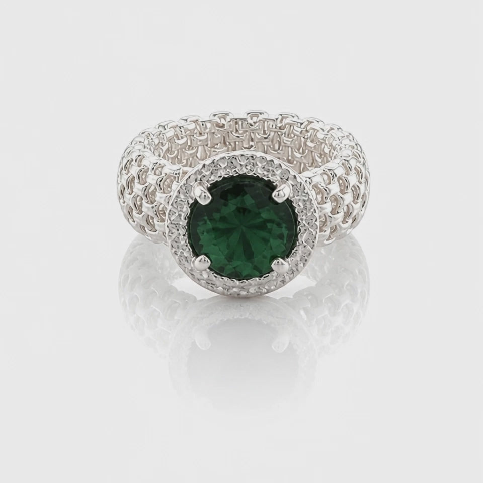Bague Élastique Argent 925 avec Pierre Ronde et Zircons Pavé – 6 Couleurs | CM Silver Jewels