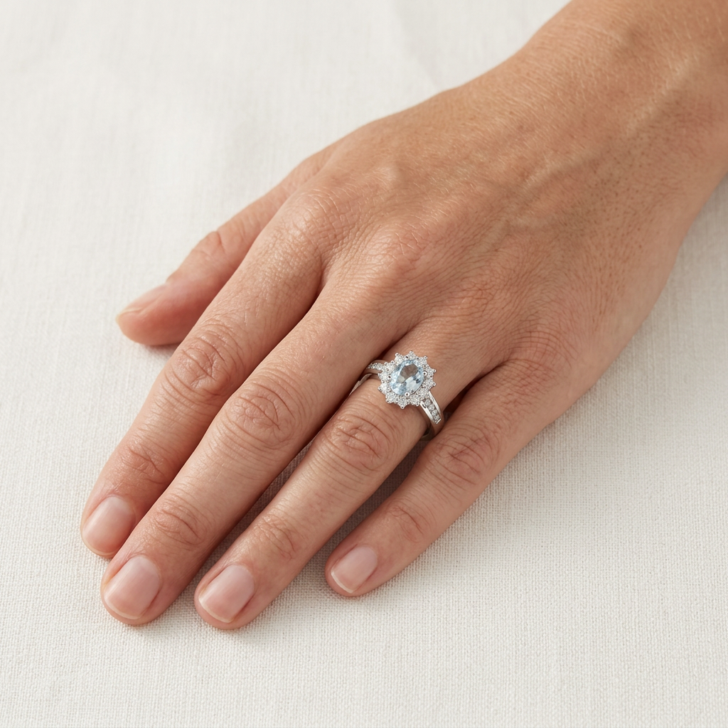 Anello in argento 925 con pietra ovale azzurra indossato all'anulare, con la mano appoggiata su tessuto chiaro.