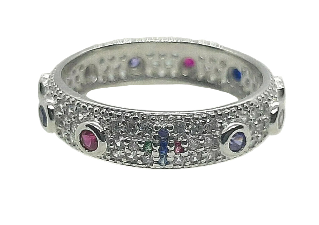 Anello rosario in argento 925 con zirconi multicolore e croce centrale