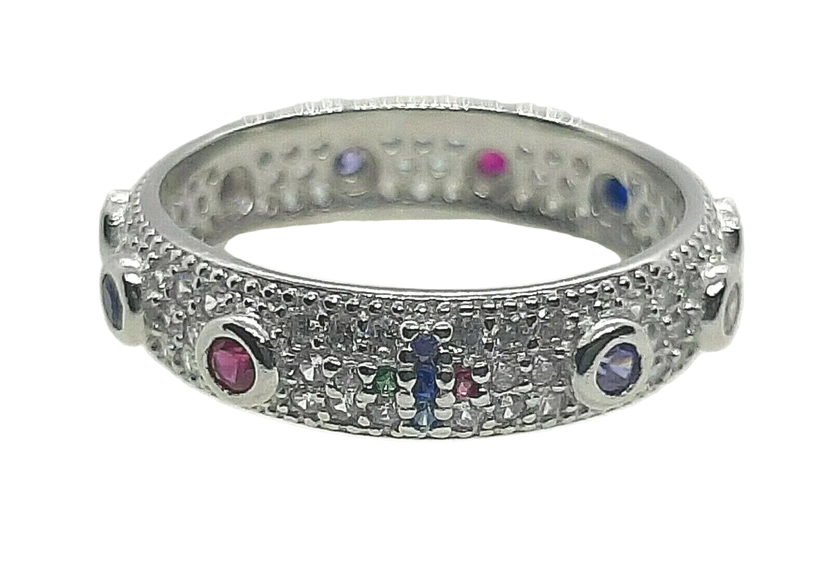 Anello rosario in argento 925 con zirconi multicolore e croce centrale