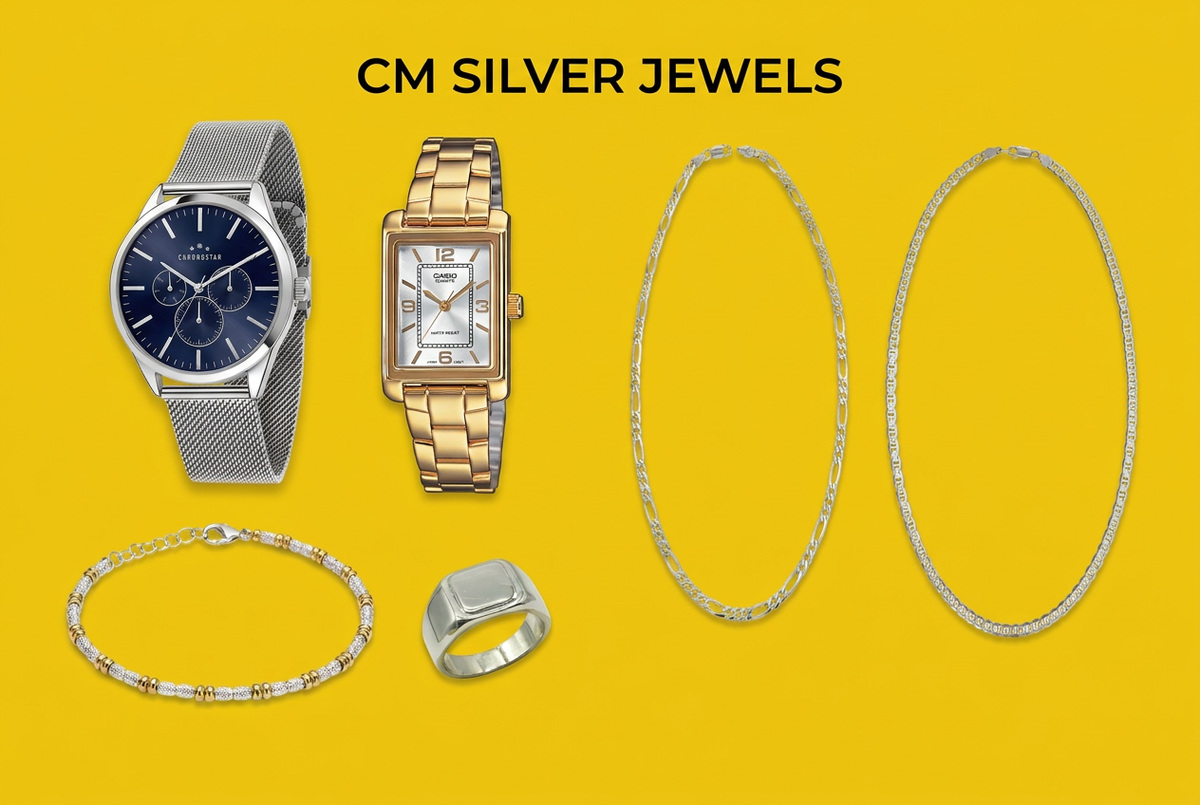Sei prodotti su sfondo giallo con scritta CM SILVER JEWELS in alto