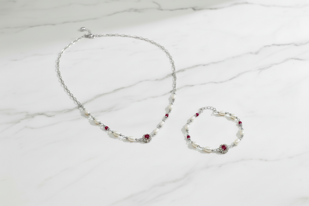 Set Donna in Argento 925 con Perle – Collana 40 cm e Bracciale 17 cm | CM Silver Jewels