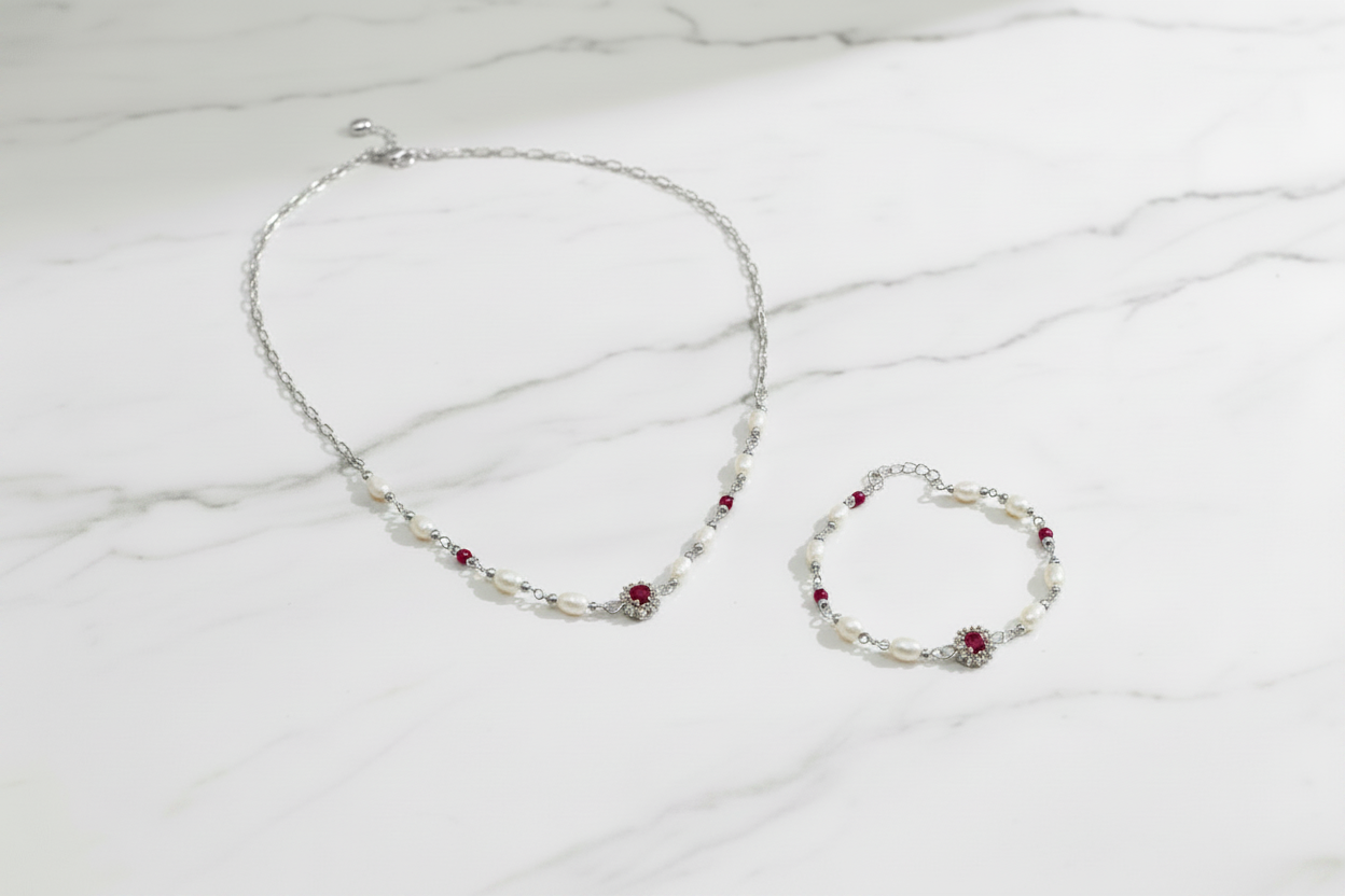 Set Donna in Argento 925 con Perle – Collana 40 cm e Bracciale 17 cm | CM Silver Jewels