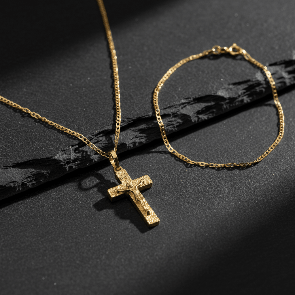 Detail Shot – Macro croce crocifisso oro e bracciale figaro