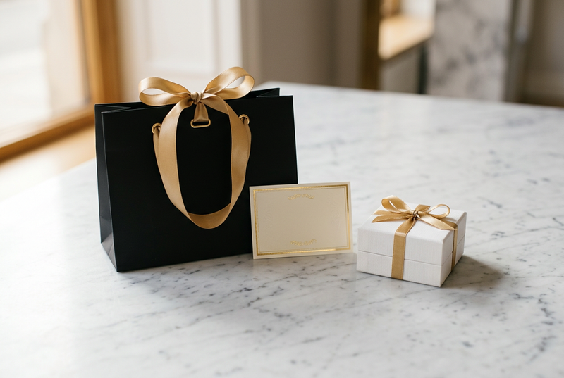 Shopper nera con fiocco oro, certificato e scatolina bianca su marmo