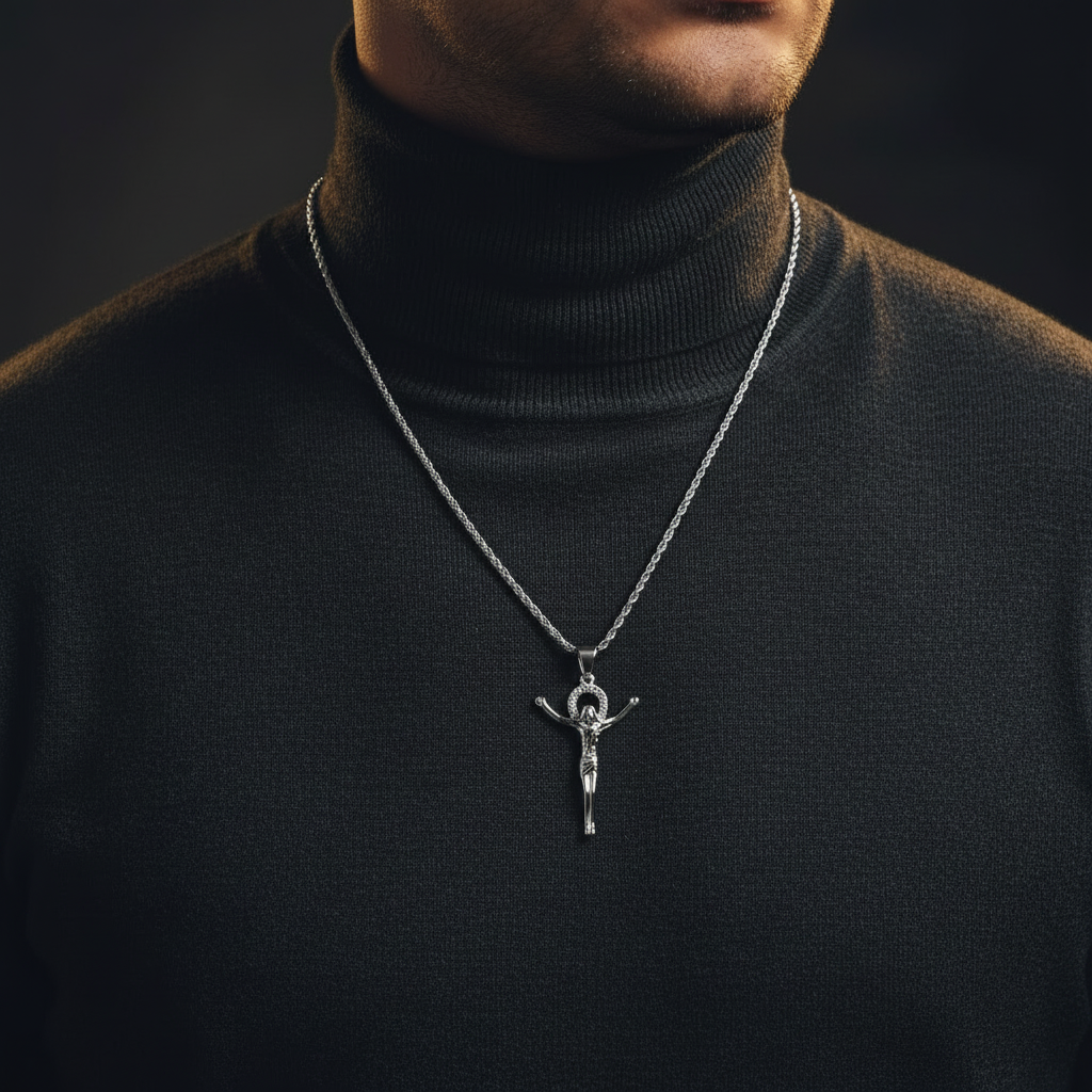 Shot 2 – Indossata su collo maschile, outfit scuro